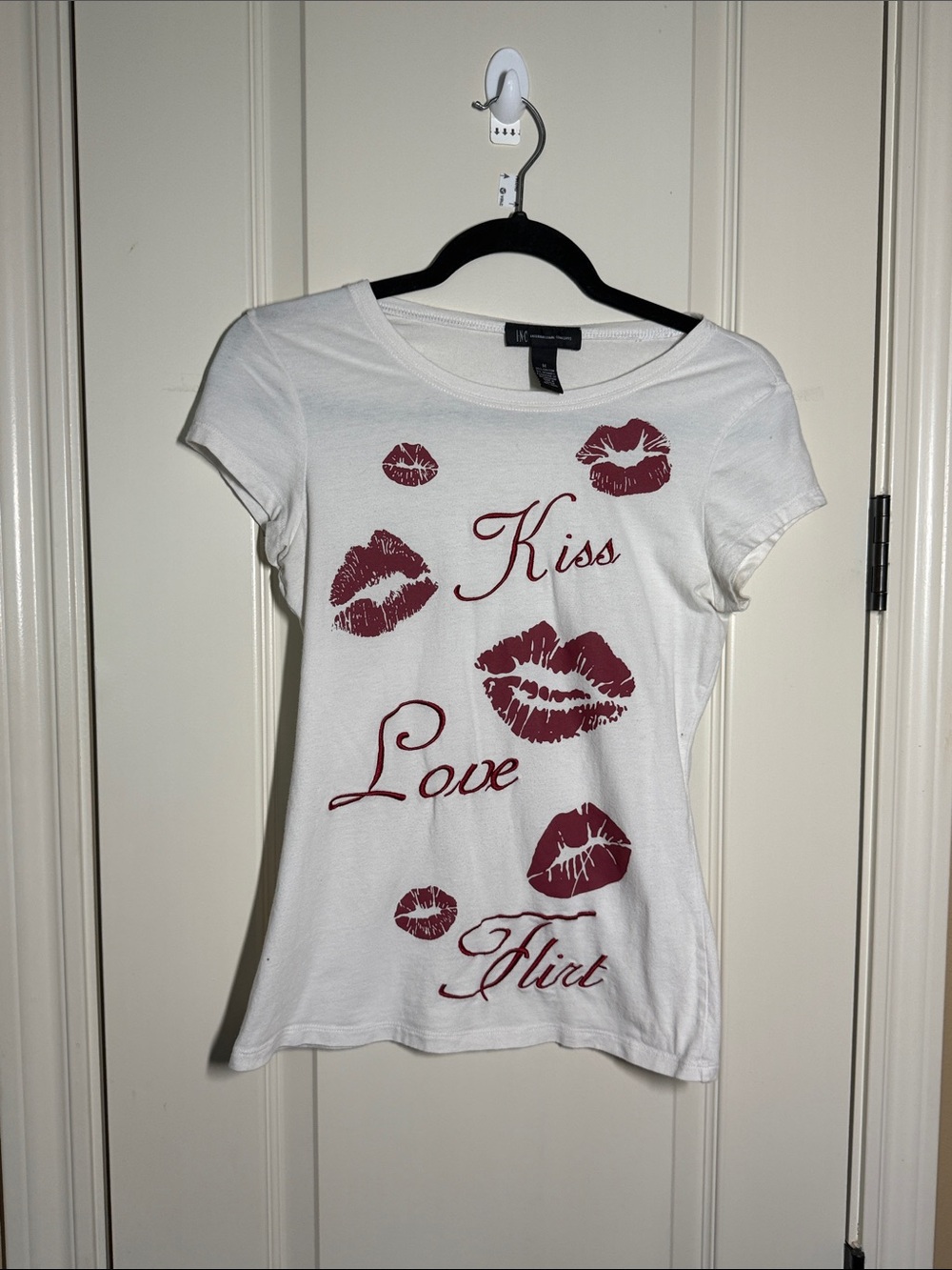 INC International Concepts White Short Sleeve Tee with Red Kiss Prints